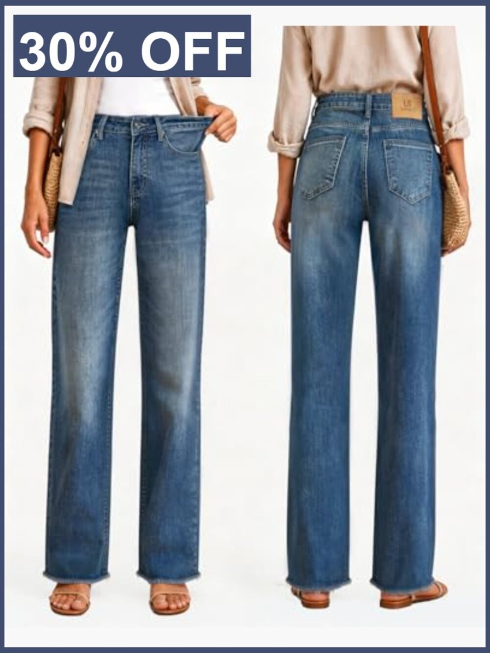 High Rise Straight Leg Jeans Raw Hem Tummy Control Stretchy Denim Pants Trendy - Picture 5 of 7